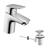 hansgrohe Logis - Waschtischarmatur mit Zugstangen-Ablauf, Wasserhahn Bad mit Auslauf Höhe 67 mm, Mischbatterie Waschbecken wassersparend (EcoSmart), Chrom, 71070000