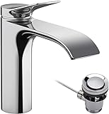 hansgrohe Vivenis - Waschtischarmatur mit Zugstangen-Ablauf, Wasserhahn Bad mit Auslauf Höhe 110 mm, Mischbatterie Waschbecken wassersparend (EcoSmart), Chrom, 75020000